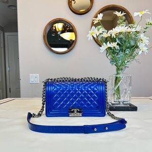 Chanel Blue Patent Leather Boy Bag Shoulder Bag Crossbody